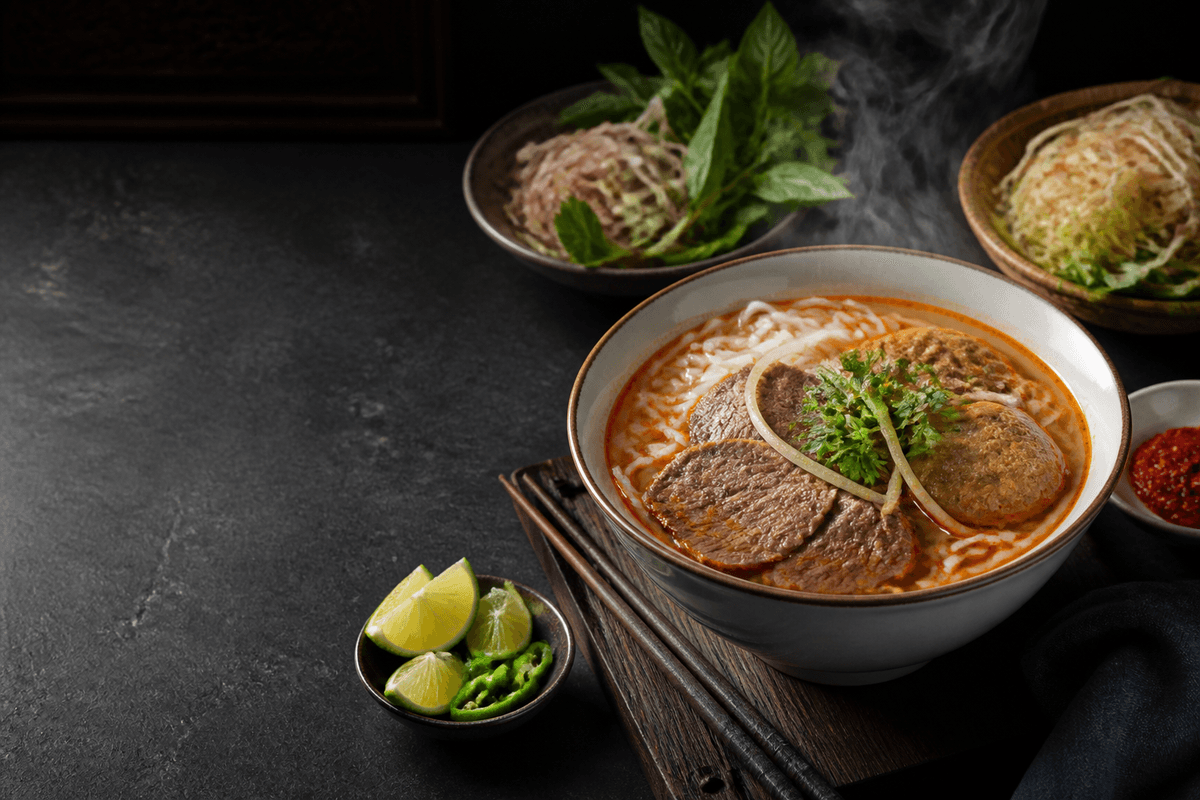 A steaming bowl of bún bò Huế with herbs, lime, chili, and banana blossom